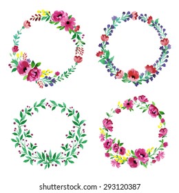 Hand-painted watercolor design elements. Floral motifs. Watercolor vintage floral trendy set of wreaths. Frame set.  Wedding invitation card suite with daisy flower Templates.