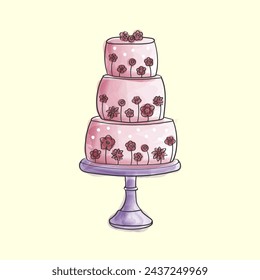 A hand-painted watercolor drawing of a three-tiered cake adorned with colorful flowers. The cake is intricately detailed with layers and frosting, while the flowers add a touch of elegance and beauty