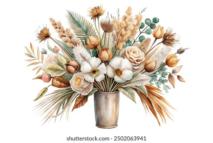 Hand-painted watercolor dry palm leaves, pampas grass, and poppies bouquet in a vase on white background, Watercolor illustration flowers and leaves clipart isolated