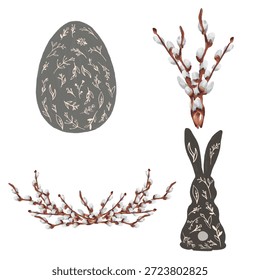 Ilustración de Pascua de acuarela pintada a mano con un delicado conjunto de pieles de sauce y ramas de sauce. Tonos pastel suaves y pinceladas orgánicas 
