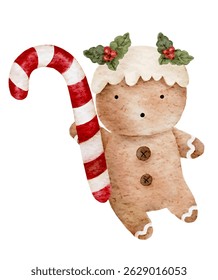 Hand-painted watercolor gingerbread cookie with reindeer antlers and red striped candy, isolated on white. Ideal for Christmas designs, cards, stickers, and packaging