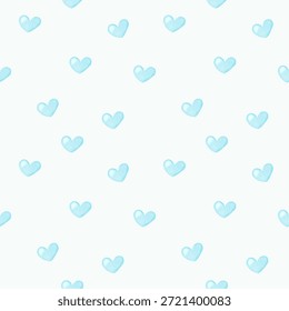 Hand-painted watercolor heart pattern in soft blue tones on white. Repeating romantic background suitable for Valentine designs, feminine branding, fabric prints, and decorative packaging.