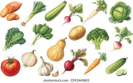 A hand-painted watercolor illustration of fresh vegetables, including tomato, zucchini, cabbage, potato, broccoli, garlic, onion, spinach, radish, carrot, cucumber, and butternut squash.