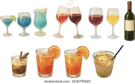 A hand-painted watercolor illustration set featuring various popular alcoholic drinks such as wine, China Blue, Cassis Orange, Lemon Sour, and Kahlua Milk.