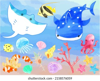 Hand-painted watercolor illustration set of sea creatures