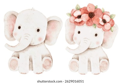 Hand-painted watercolor illustration of two baby elephants with pink flowers and leaves in a festive wreath. Isolated on white, ideal for baby showers, nursery decor, and greeting cards