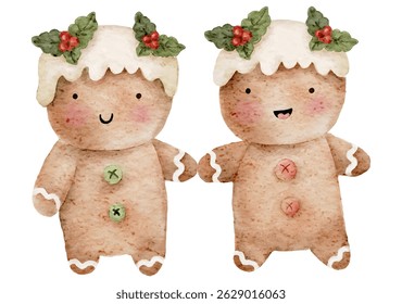 Hand-painted watercolor illustration of two gingerbread cookies with holly leaves and berries. Isolated on white, perfect for holiday cards, packaging, and Christmas designs.
