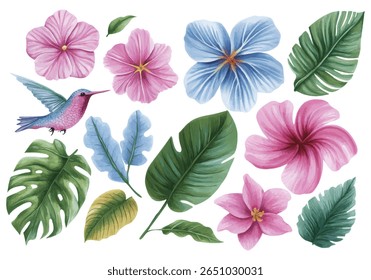 Hand-painted watercolor illustration of a vibrant hummingbird hovering among pink and blue hibiscus blooms and tropical foliage on white background.