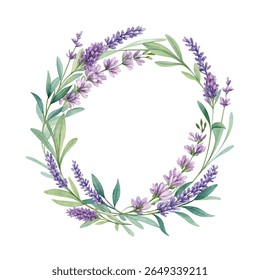 Handpainted watercolor lavender sprigs and floral wreath with delicate flowers on transparent background for romantic wedding invitation and decoration