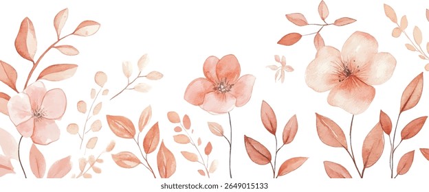 Hand-painted watercolor peach wildflowers and leafy branches on white background, ideal for botanical prints, stationery, invitations, and home decor.