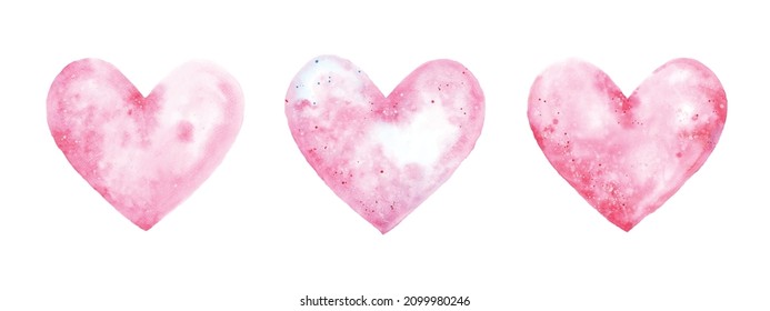 Hand-painted watercolor pink hearts set. Isolated on white background, hearts shape elements are perfect for Valentine's day cards or romantic postcards.