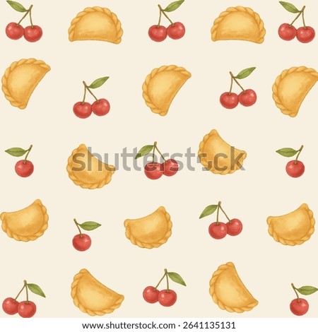 Hand-painted watercolor seamless pattern featuring traditional cherry-filled dumplings (vareniki) and ripe cherries. Perfect for kitchen textiles, packaging, wrapping paper, or food-themed designs.