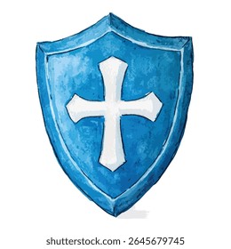 Um escudo aquarela pintado à mão em tons de azul, com uma proeminente cruz branca no seu centro, simbolizando a fé.