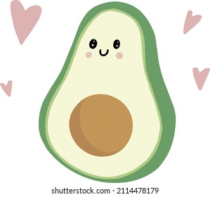 Handpainted watercolor vector illustration of cute kawai avocado and hearts. Ideal for print, graphic design, scrap booking, stickers, collage, cards and other creative projects