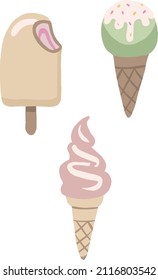 Dibujo vectorial de acuarela pintada a mano de un conjunto de cremas de hielo. Ideal para la impresión, el diseño gráfico, el collage, los stickers, la reserva de recortes, la web y otros proyectos creativos.