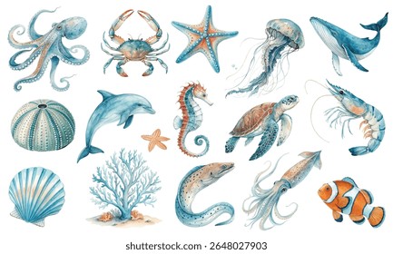 Hand-painted watercolor vector set of sea animals, ocean creatures, and coral elements. This collection includes marine wildlife illustrations, isolated on a white background.