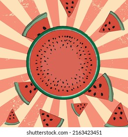 hand-painted watermelon and watermelon slices on pink striped vintage background. vector illustration.
