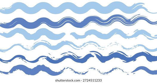 Las pinceladas onduladas pintadas a mano en tonos de azul claro a azul intenso forman un patrón abstracto dinámico con textura grunge, ideal para fondos creativos, diseño textil o gráficos de Web modernos