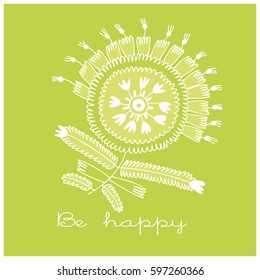 hand-painted white flower similar to a mandala.On a green background.Element for design invitation or greeting.With the text "be happy"
