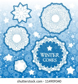 a hand-painted winter vector background with lace ornaments and snowflakes