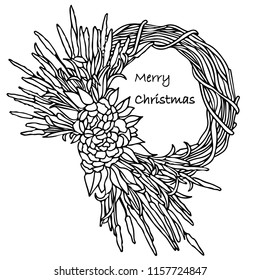Hand-painted wreath with flowers and twigs. For Christmas cards and winter design. Vector mockup on a white background.