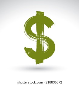 Hand-painted yellow dollar icon isolated on white background, currency symbol created with real ink hand drawn brush scanned and vectorized, green buck sign.