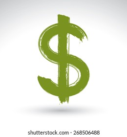 Hand-painted yellow dollar icon isolated on white background, currency symbol created with real ink hand drawn brush scanned and vectorized, green buck sign.