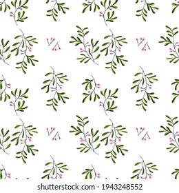 handpainting small pink flower with green leaf made by gouache. This pattern vector is seamless, suitable for card, instagram post, background, fabric, etc. Can be printed or digital.