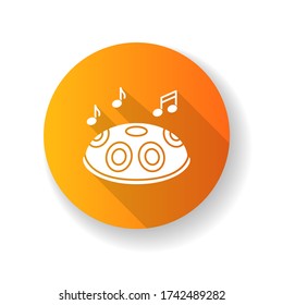Handpan orange flat design long shadow glyph icon. Traditional musical instrument for meditation and relaxation. Perform in band with percussion tool. Silhouette RGB color illustration