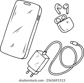 handphone earphone line art illustration set