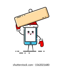 Handphone with flat design style, handphone that wears hat and Christmas gloves along with wooden boards, cute and funny cellphone