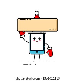 Handphone with flat design style, handphone that wears hat and Christmas gloves along with wooden boards, cute and funny cellphone
