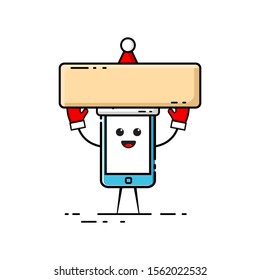 Handphone with flat design style, handphone that wears hat and Christmas gloves along with wooden boards, cute and funny cellphone