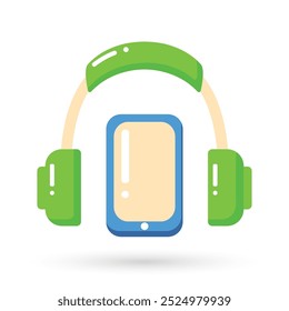 Telefone de mão com fones de ouvido ou logotipo do ícone do fone de ouvido. Conceito para audiobook online , rádio, ouvir podcasts, aprendizado online, e-books em formato de áudio.