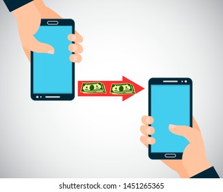 Handphone payment banner vector illustration. People sending and receiving money wireless with their mobile phones. Hand tholding smart phone. Quick money transfer. Business purchasing.