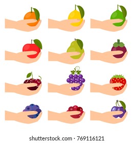 Hand-picking fruit. Set of icons on white background. Fruits and berries are on the palm. Vector flat illustration.