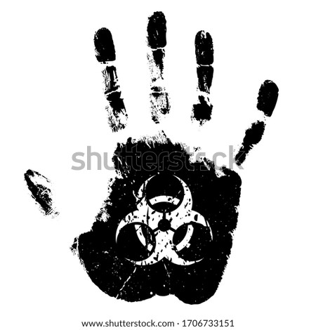 Handprint with biohazard sign, stop virus concept on white background