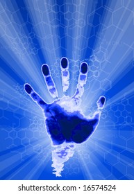 handprint, blue background, lights and chemical formulas