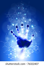 handprint, blue background, lights and chemical formulas