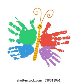 Handprint Butterfly Smiling. Colorful Kids Palm Print. Children Hand Print Art And Crafts. Happy Childhood Concept. Preschool / Primary School Design Element. Vector Illustration Isolated On White