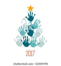Handprint Christmas tree with hand drawn star. Christmas card design. Vector eps 10 illustration isolated on white .