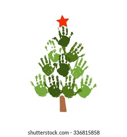 Handprint Christmas tree with red handdrawn star. Watercolor / acrylic kids Christmas art. Children Christmas crafts. Family Christmas card design. Vector eps 10 illustration isolated on white .