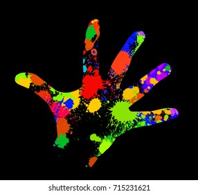 Handprint with colored ink spots. Vector
