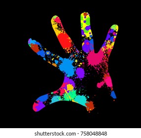 Handprint with colored ink spots. Vector