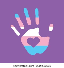 Handprint with the colors of the transgender pride flag icon vector. Palm of hand with heart shape vector isolated on a purple background. Symbol of the transgender community design element