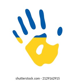 Handprint in colors of ukraine flag vector. Russo-Ukrainian war conflict symbol. Palm of hand imprint in colors of ukraine flag vector on a white background