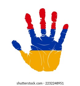 Handprint with the flag of Armenia. Hand print, which bears the Armenia flag. Grunge Imprint Hand in the Colors of Armenia Flag on White Background. Vector illustration