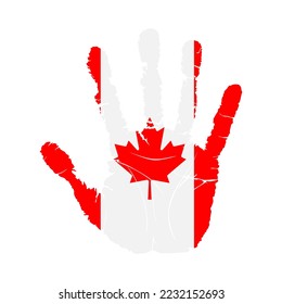 Handprint mit der Flagge Kanadas. Handdruck, der die Flagge Kanadas trägt. farbige Schmutzspritzer in der Flagge Kanadas auf weißem Hintergrund. Vektorgrafik