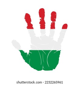 Handprint with the flag of Hungary. Hand print, which bears the Hungary flag. Grunge Imprint Hand in the Colors of Hungary Flag on White Background. Vector illustration