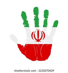 Handprint with the flag of Iran. Hand print, which bears the Iran flag. Grunge Imprint Hand in the Colors of Iran Flag on White Background. Vector illustration